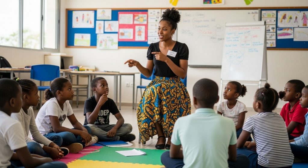 Animatrice conduisant un atelier de groupe sur le bien-être et l’expression émotionnelle en milieu scolaire